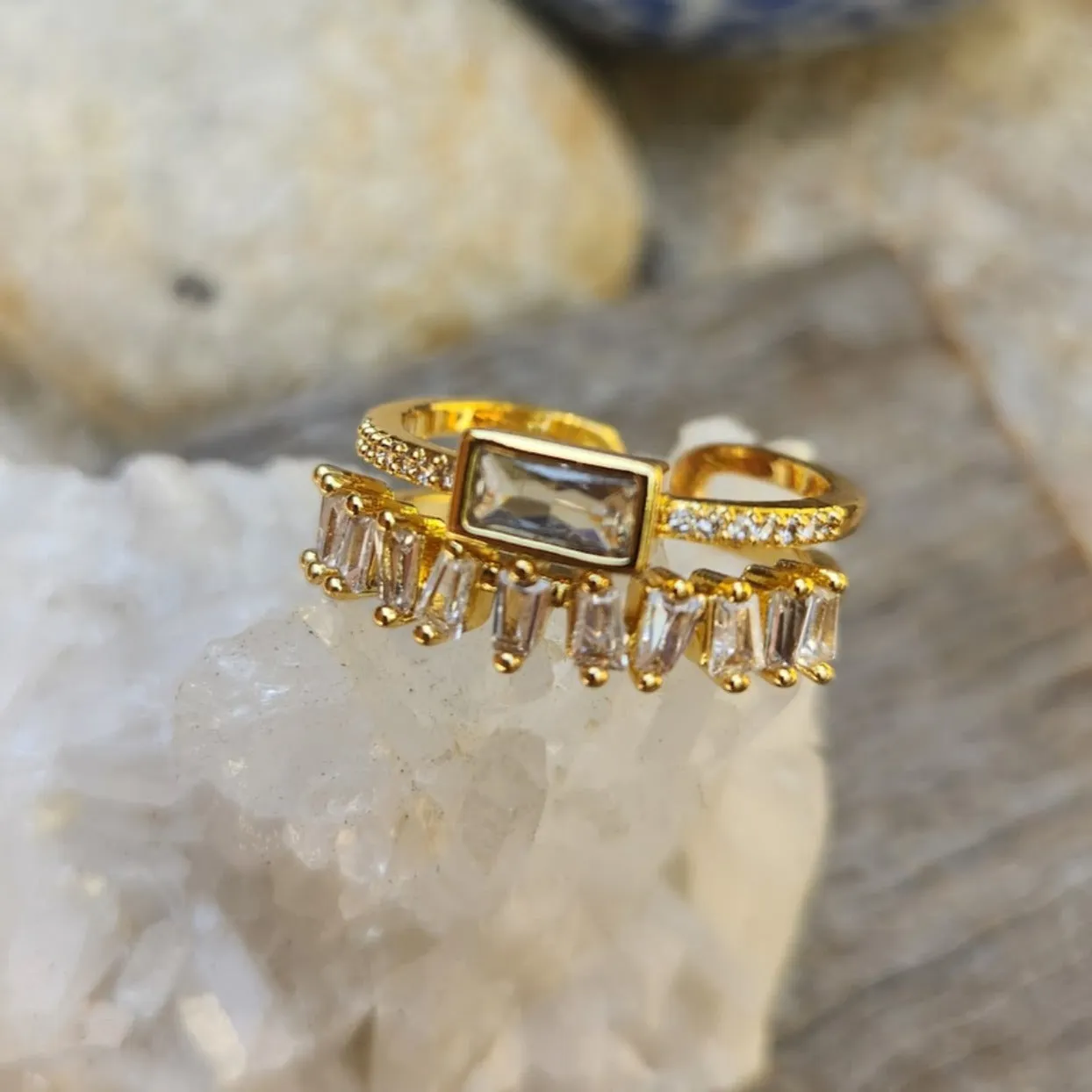 BLACK & WHITE  - ADJUSTABLE BLACK OR CRYSTAL WATERPROOF GOLD RINGS