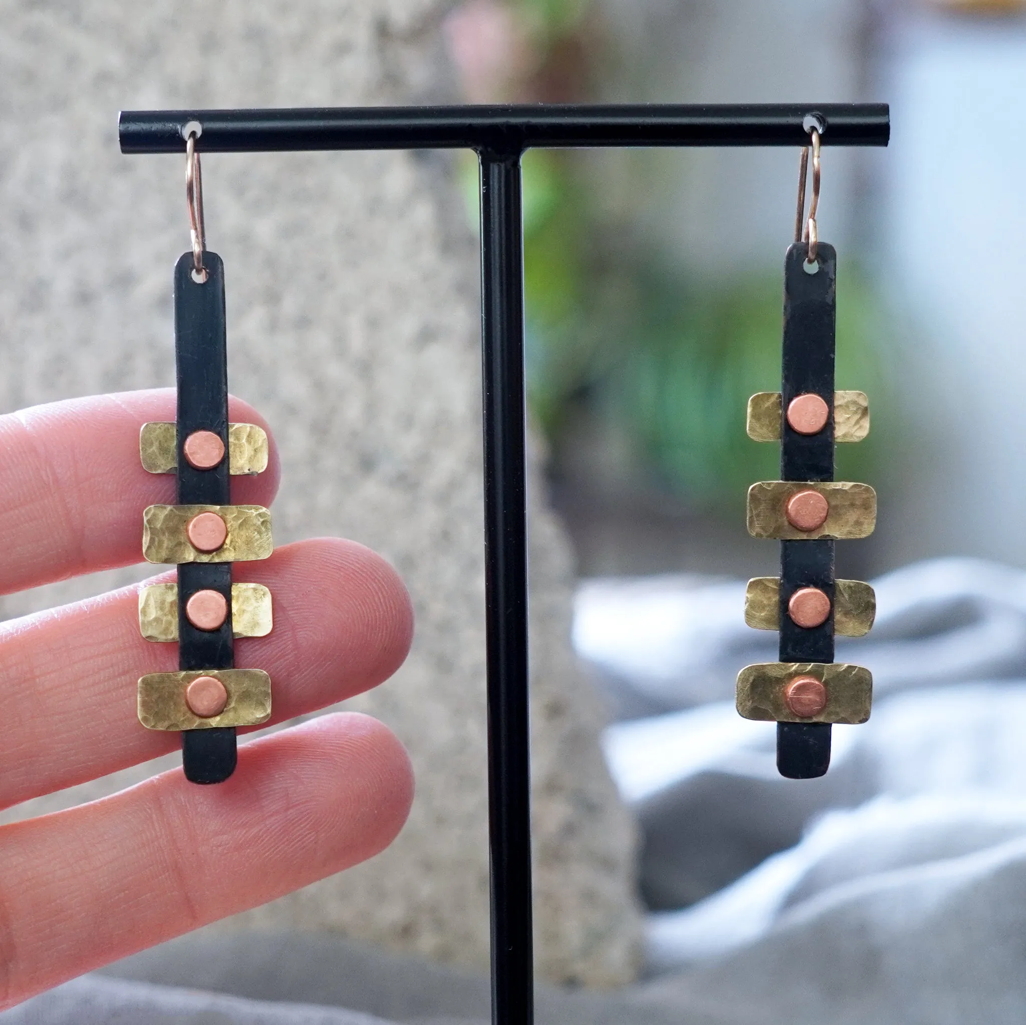 Black Copper Patina & Brass Riveted Earrings