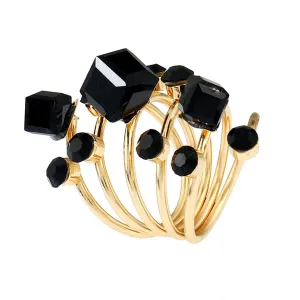 Black Crystal & Cubic Zirconia Adjustable Stacking Flower Ring