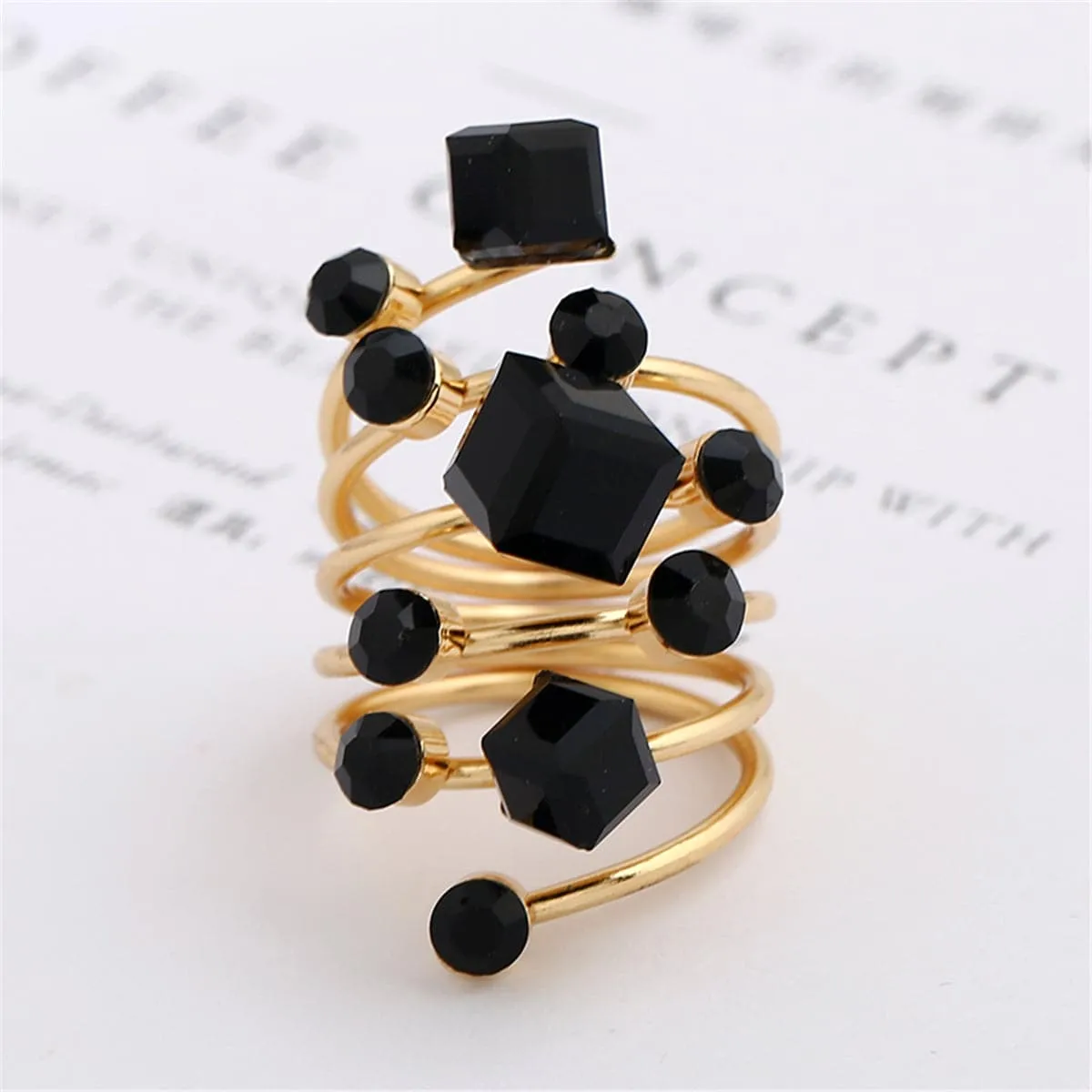 Black Crystal & Cubic Zirconia Adjustable Stacking Flower Ring