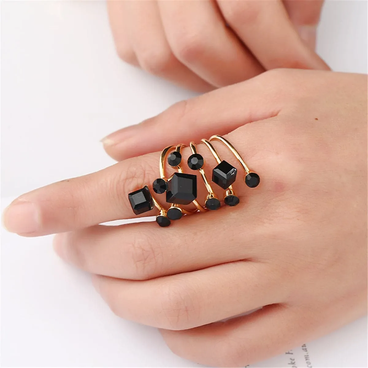 Black Crystal & Cubic Zirconia Adjustable Stacking Flower Ring