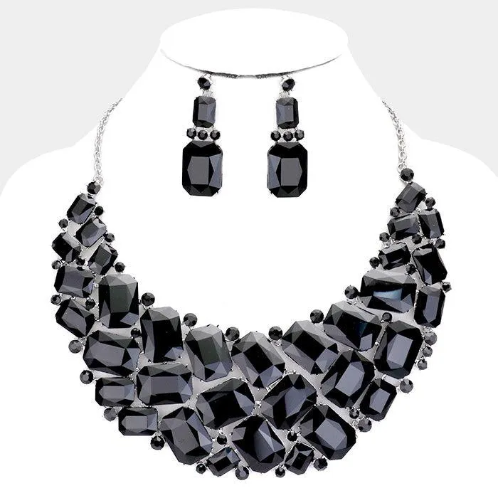 Black Faceted Teardrop Crystal Statement Necklace Set