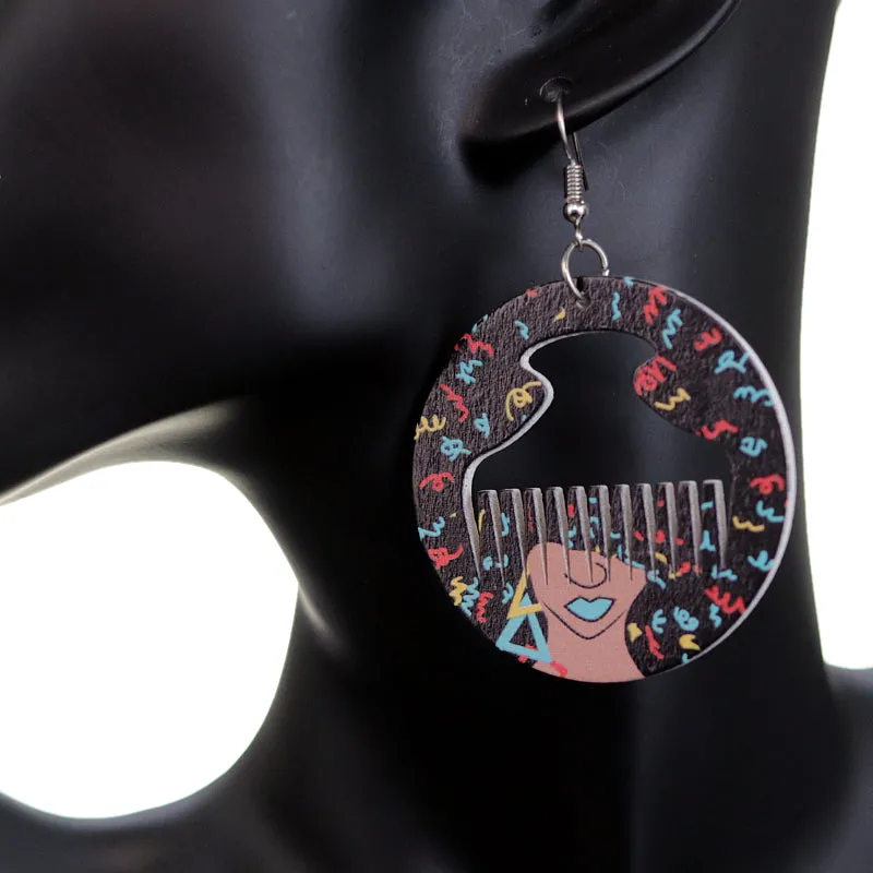Black Multicolor Centered Afro Pick Dangle Earrings