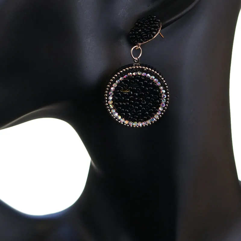 Black Seed Bead Round Flat Disc Earrings