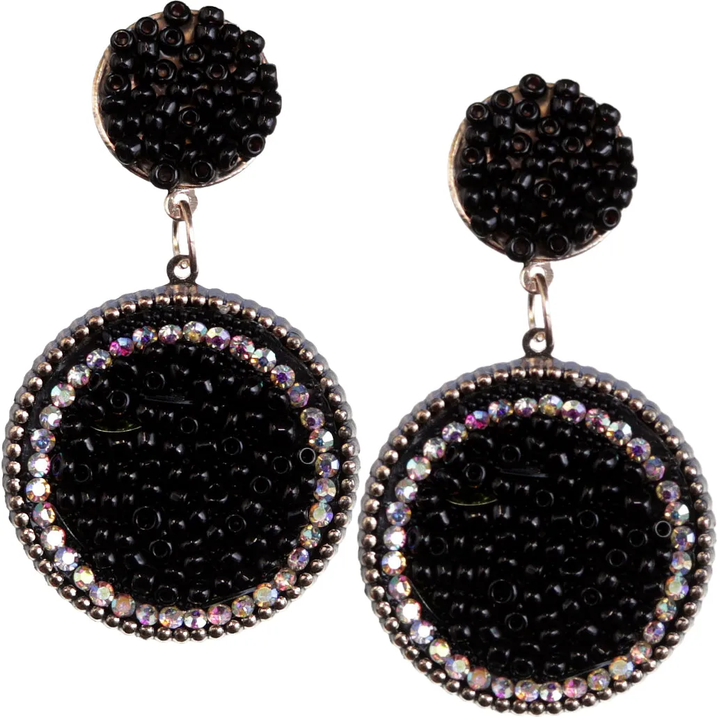 Black Seed Bead Round Flat Disc Earrings