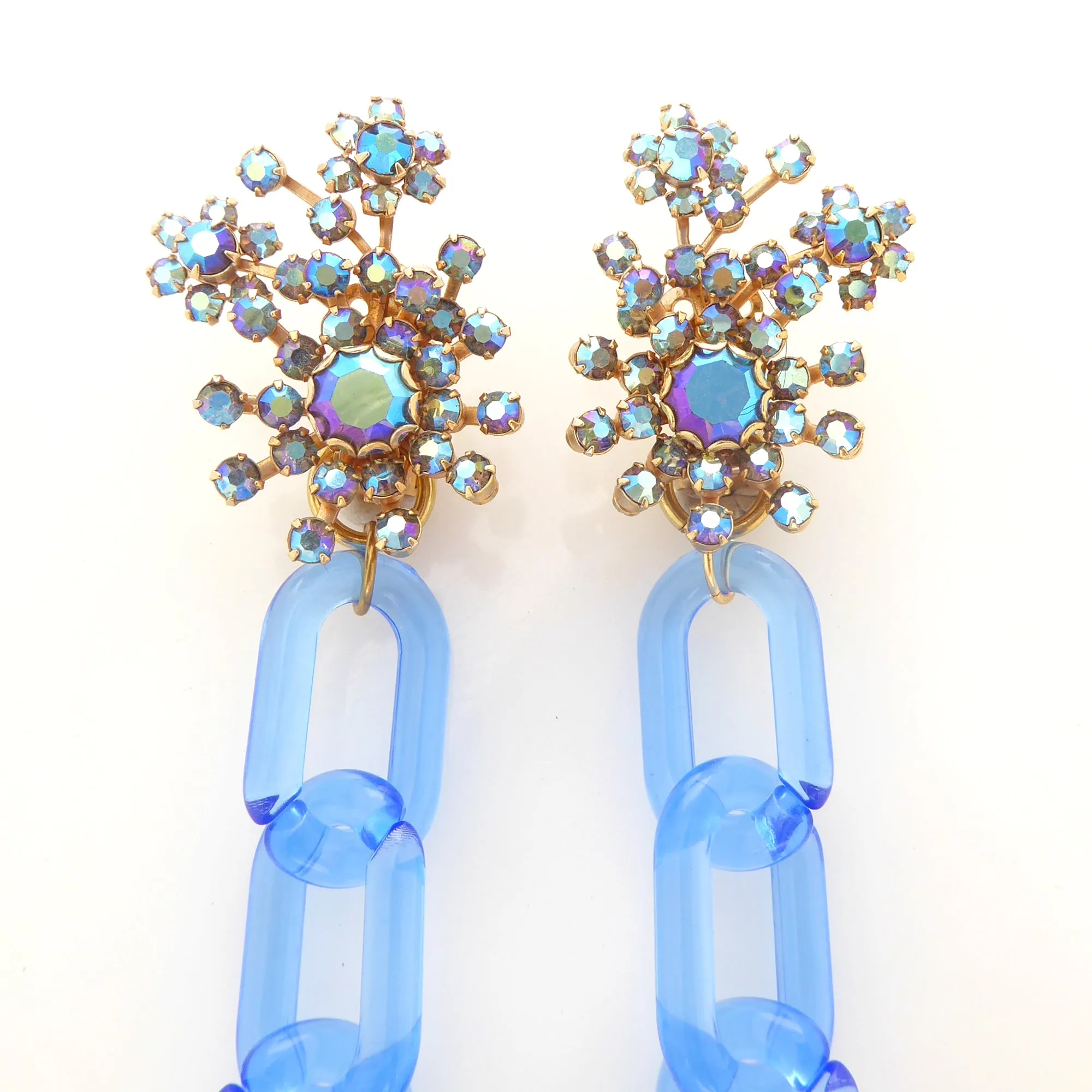 Blue iridescent rhinestone chain earrings