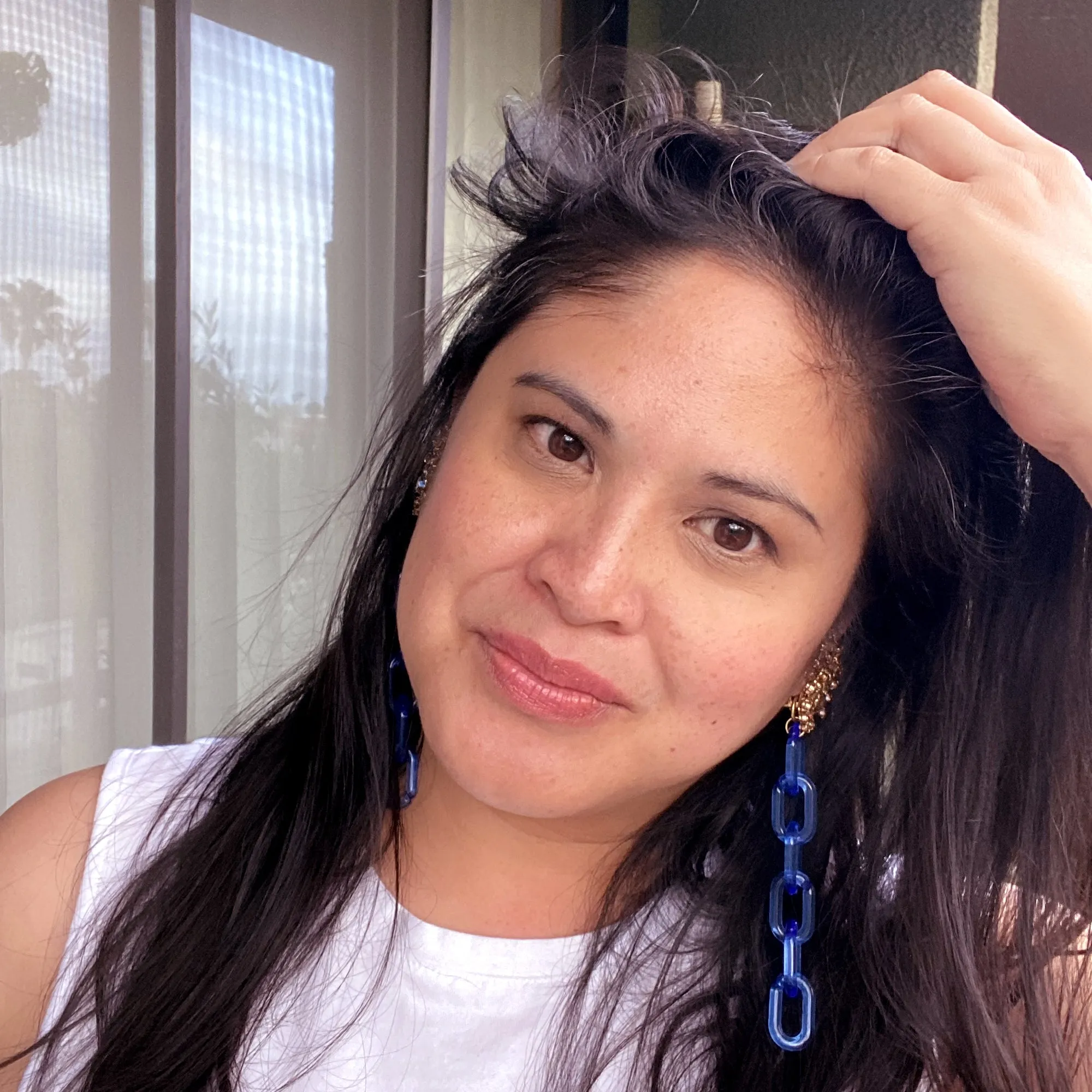 Blue iridescent rhinestone chain earrings