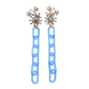 Blue iridescent rhinestone chain earrings