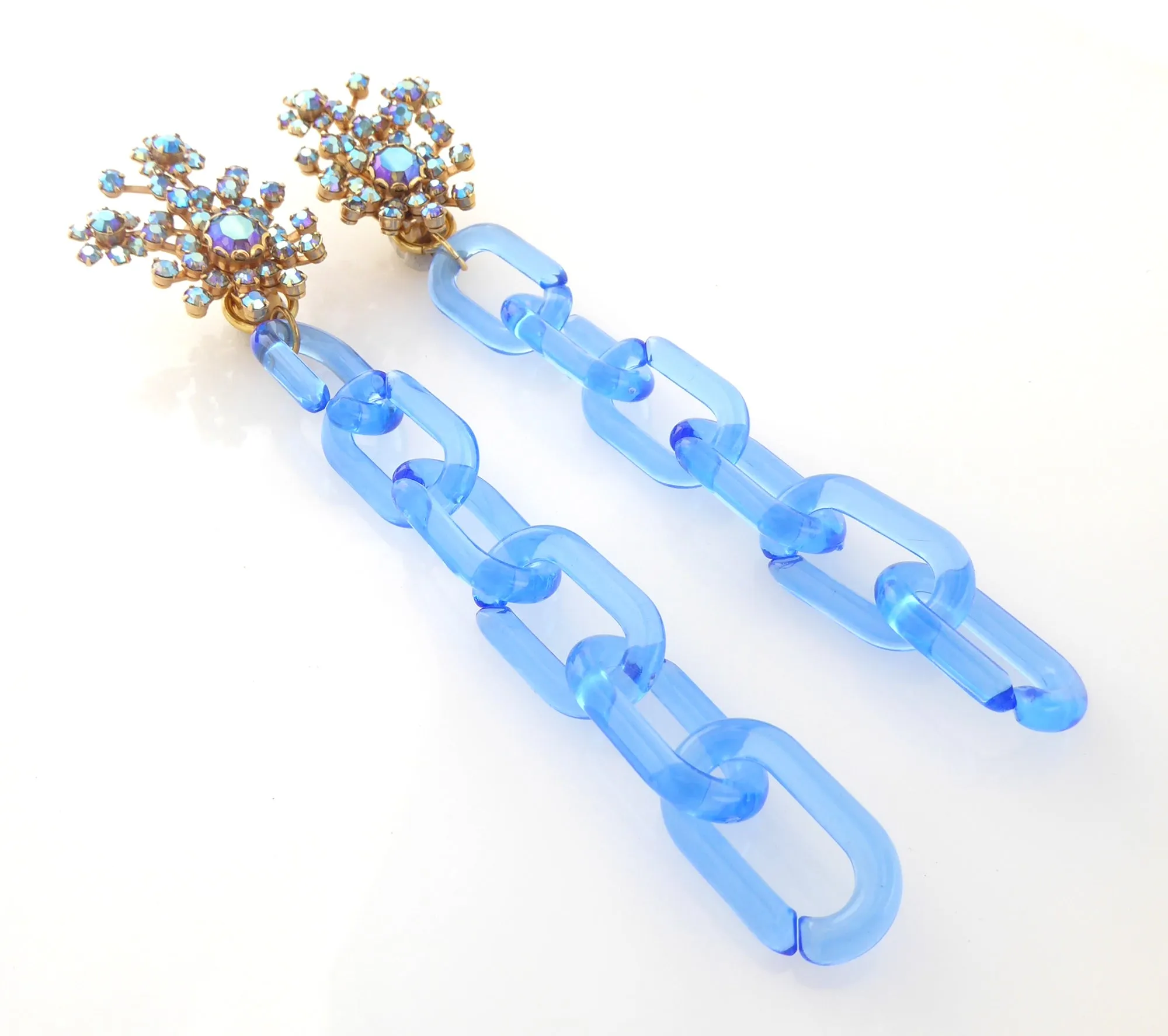 Blue iridescent rhinestone chain earrings