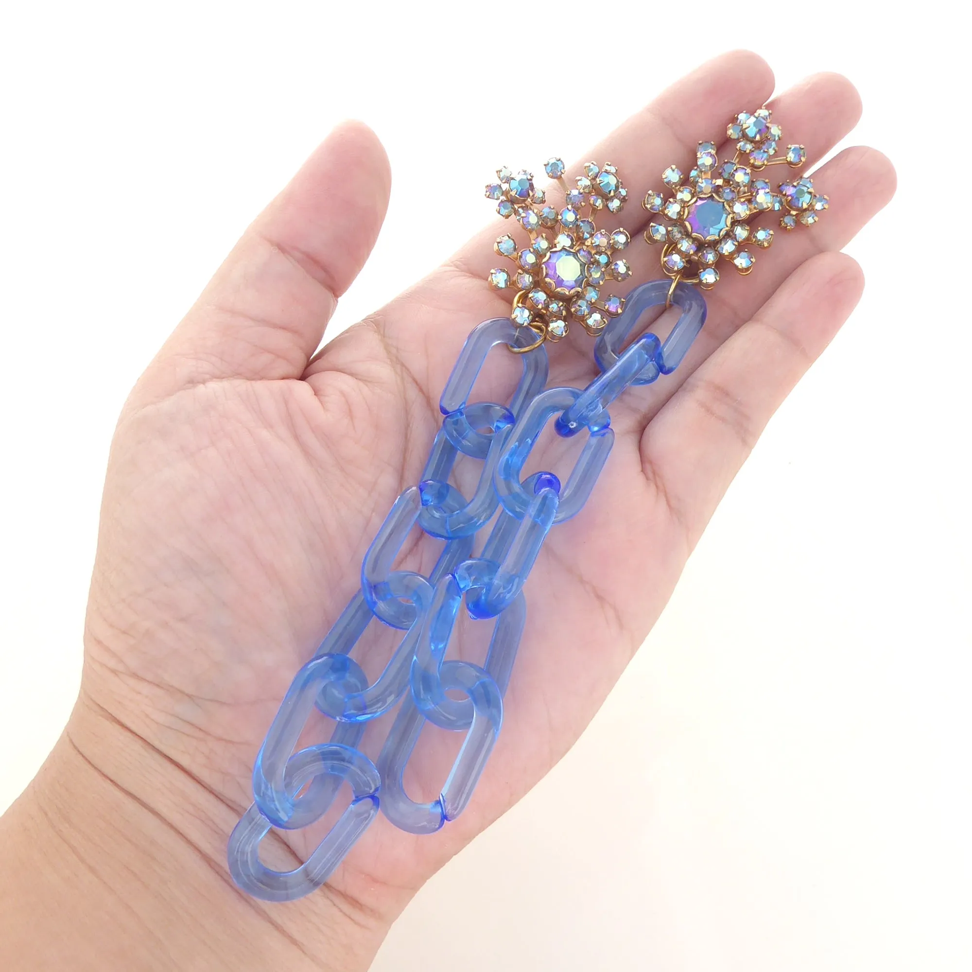 Blue iridescent rhinestone chain earrings