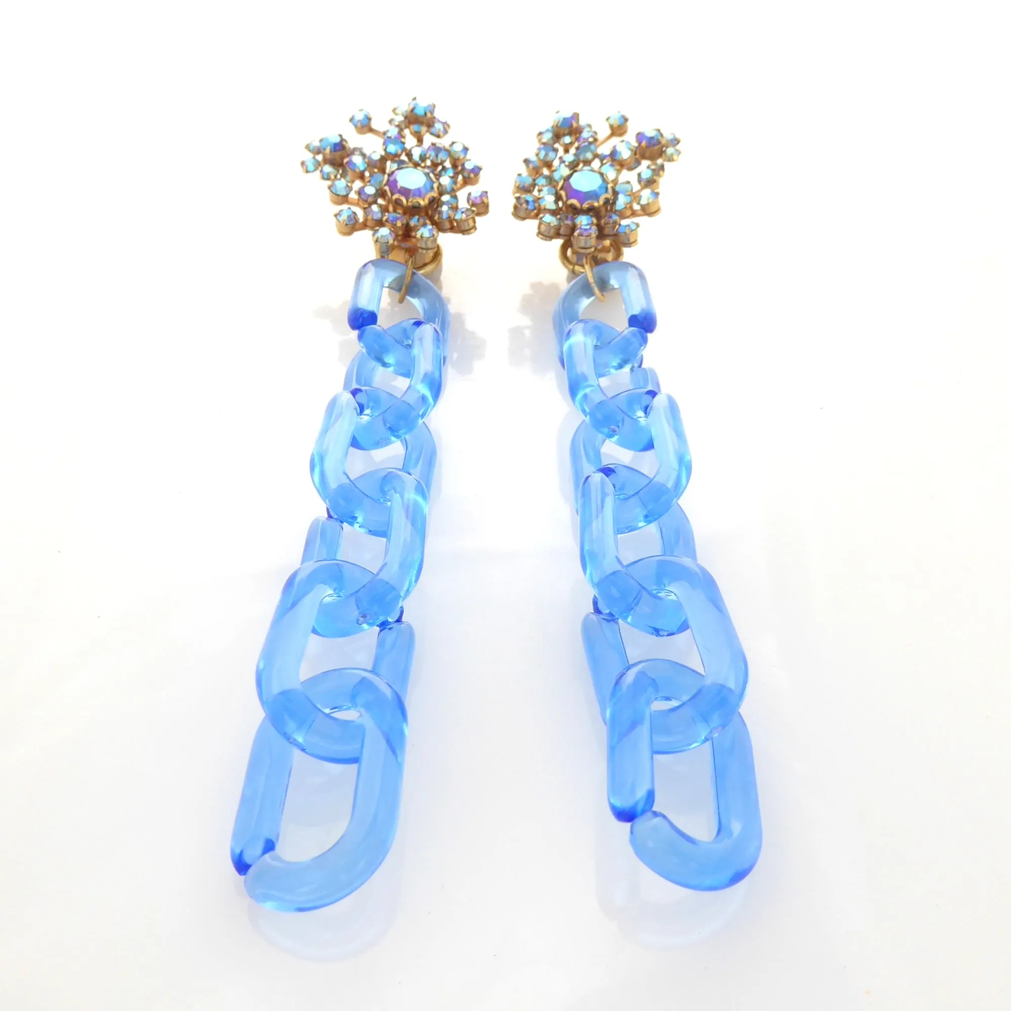 Blue iridescent rhinestone chain earrings