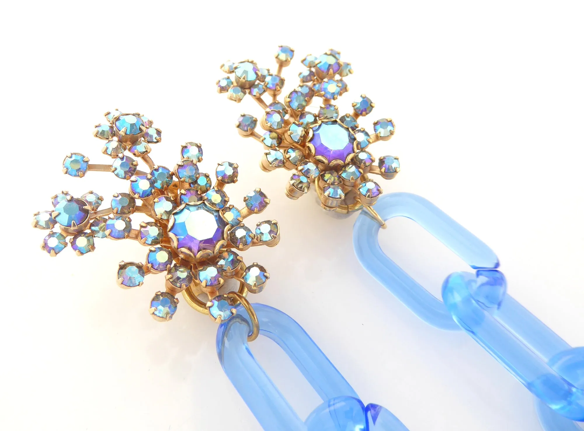 Blue iridescent rhinestone chain earrings