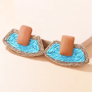 Blue Raffia & Wood Ladder Drop Earrings
