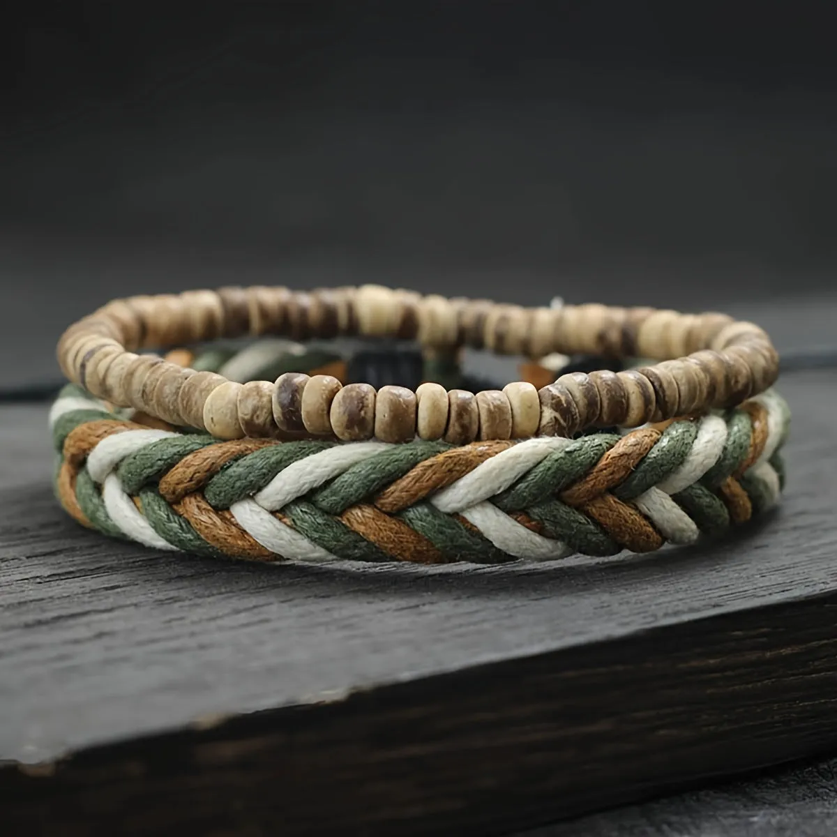 Bohemian Style Wood Beads Stacked Bracelet Set with Synthetic Stone