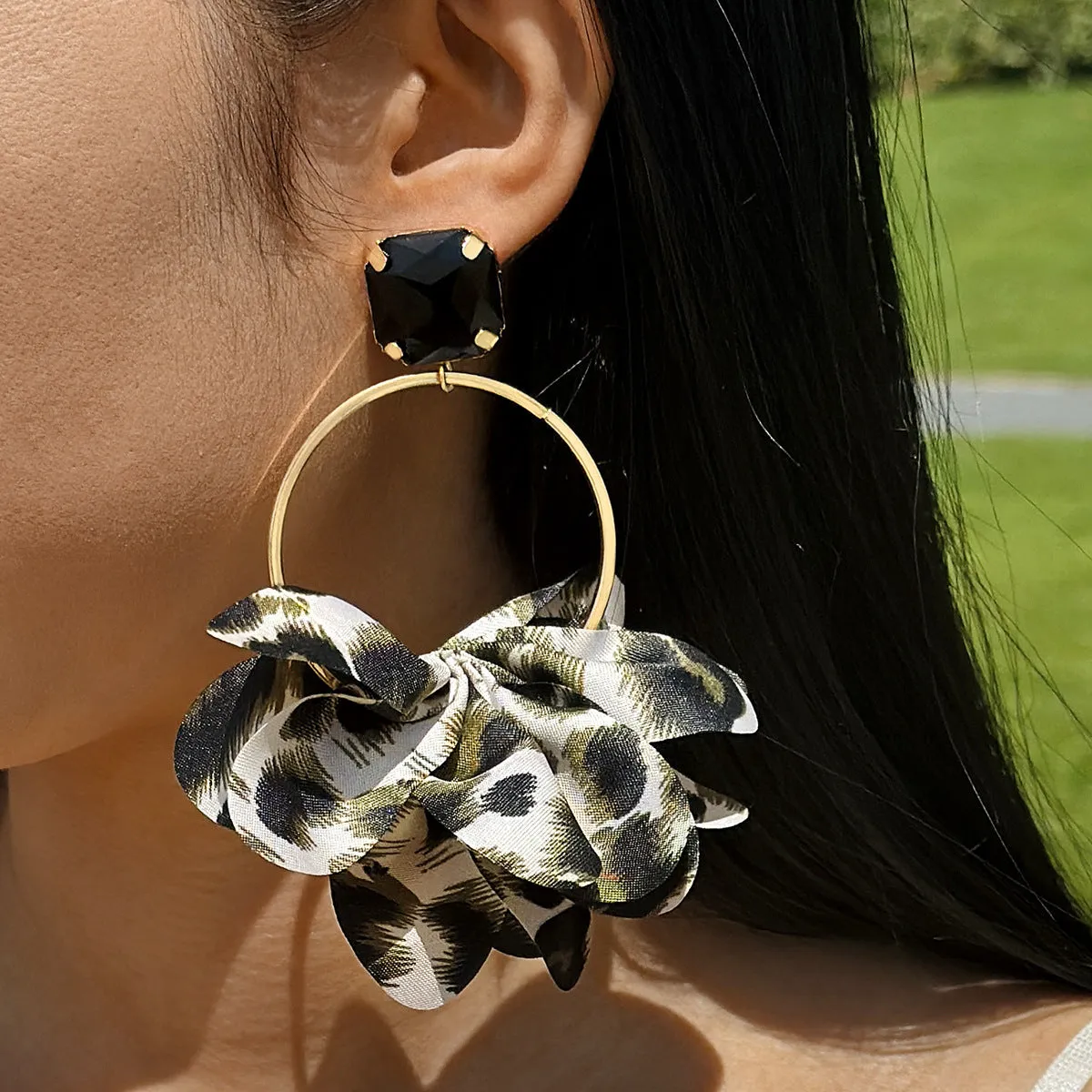 Bold Leopard Print Geometric Round Earrings with Imitation Gemstone Accents