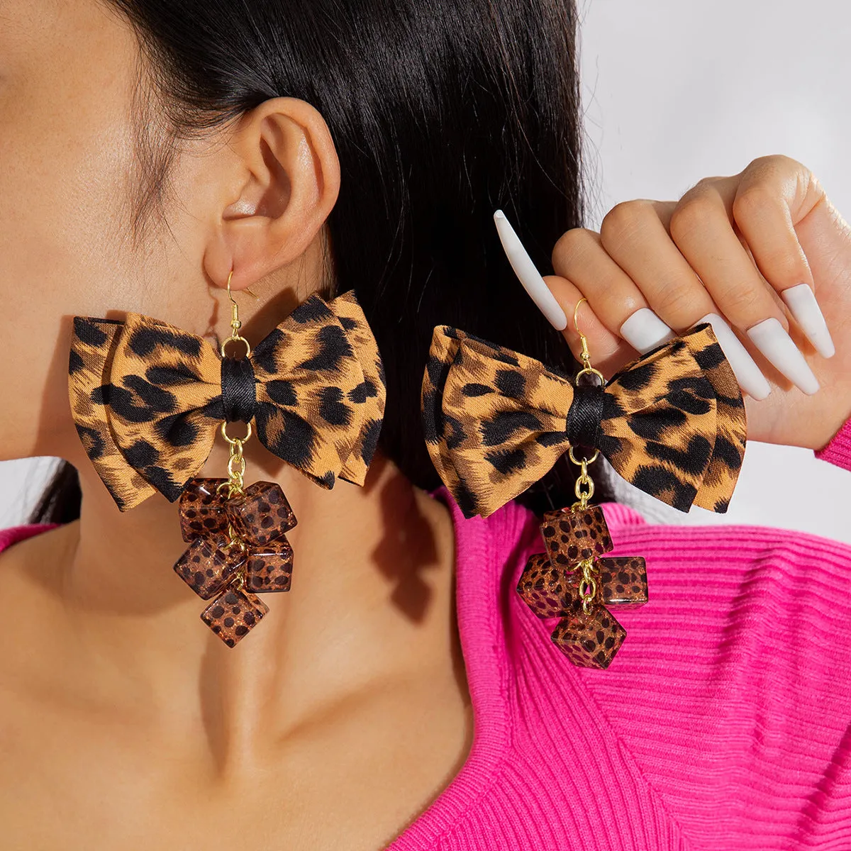 Bold Leopard Print Geometric Round Earrings with Imitation Gemstone Accents