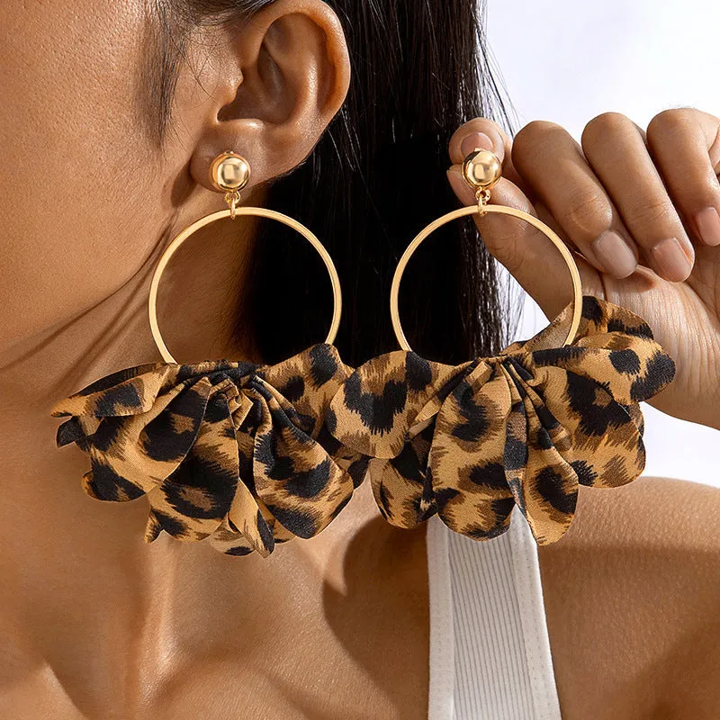 Bold Leopard Print Geometric Round Earrings with Imitation Gemstone Accents