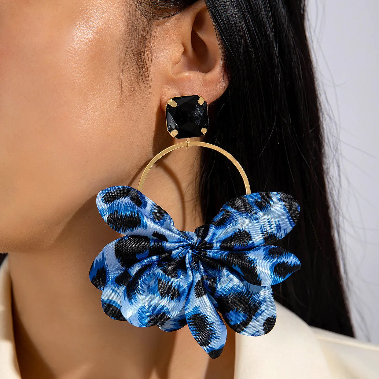 Bold Leopard Print Geometric Round Earrings with Imitation Gemstone Accents