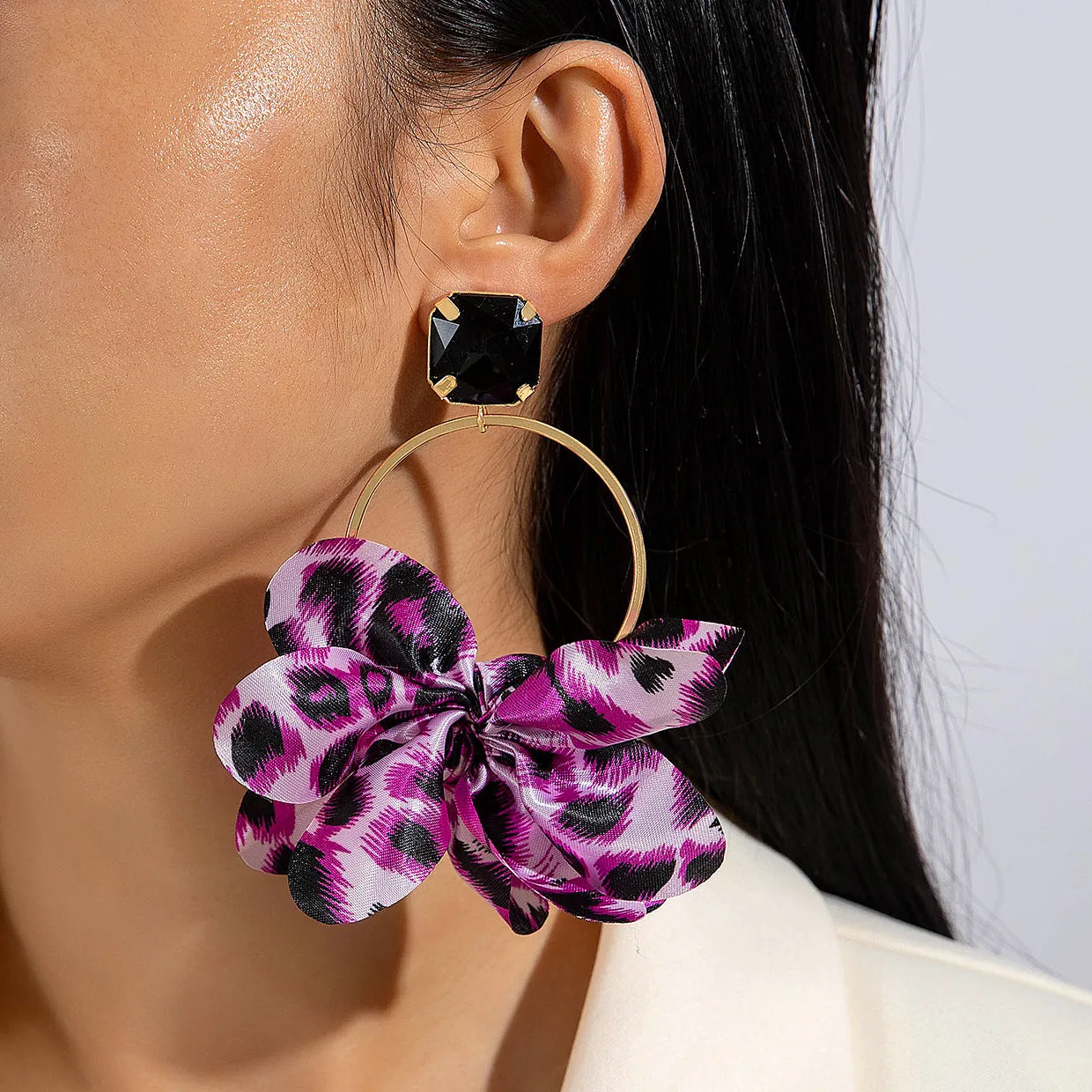 Bold Leopard Print Geometric Round Earrings with Imitation Gemstone Accents