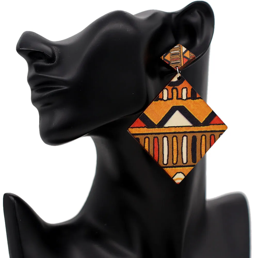 Brown Multicolor Geometric Wooden Earrings