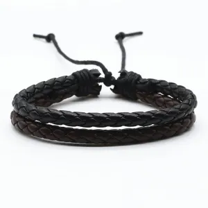 Brown Rope Woven PU Leather Men Bracelets Adjustable Size
