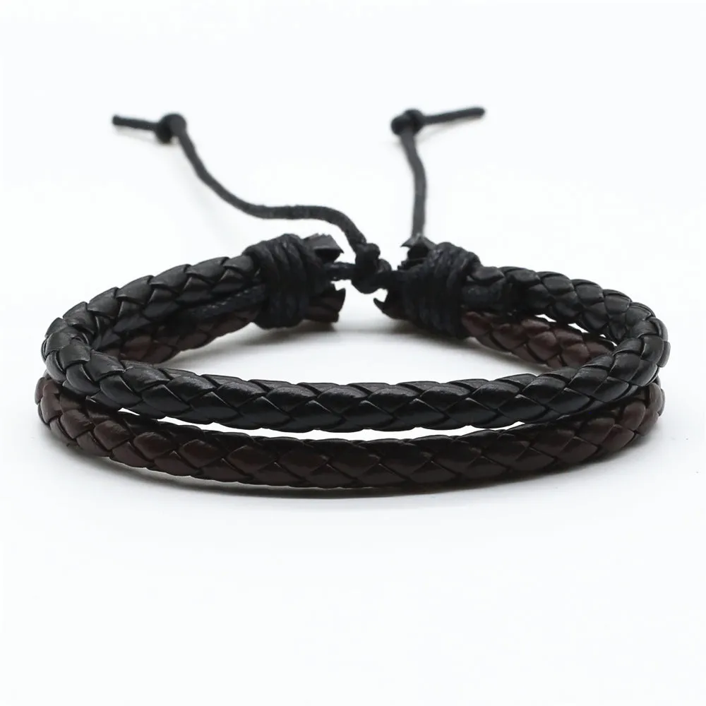 Brown Rope Woven PU Leather Men Bracelets Adjustable Size