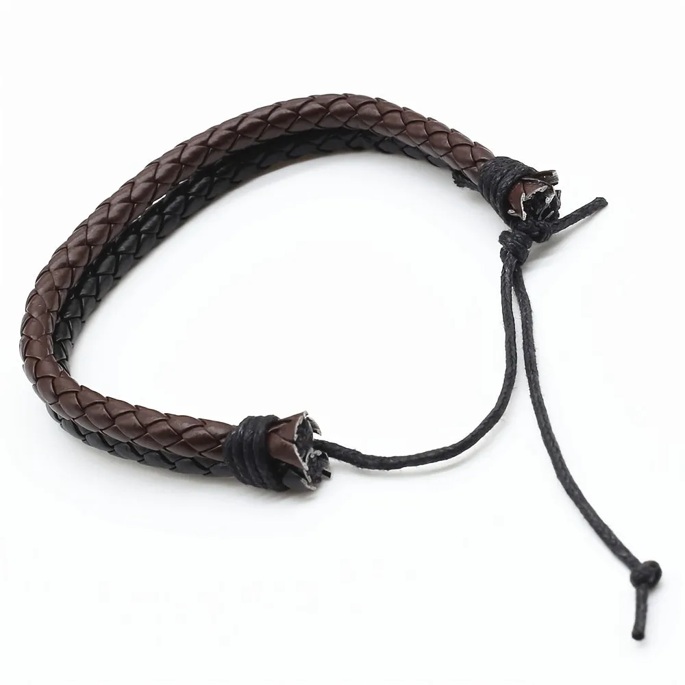 Brown Rope Woven PU Leather Men Bracelets Adjustable Size