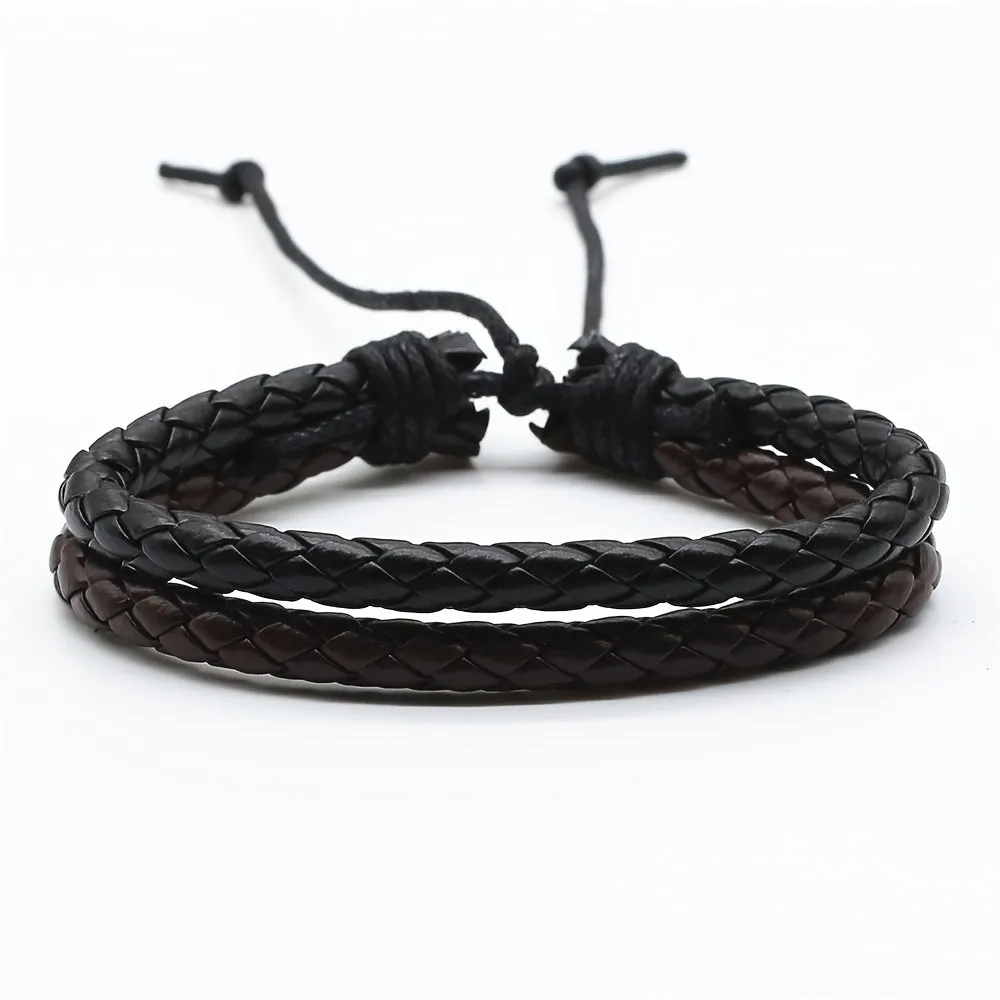 Brown Rope Woven PU Leather Men Bracelets Adjustable Size