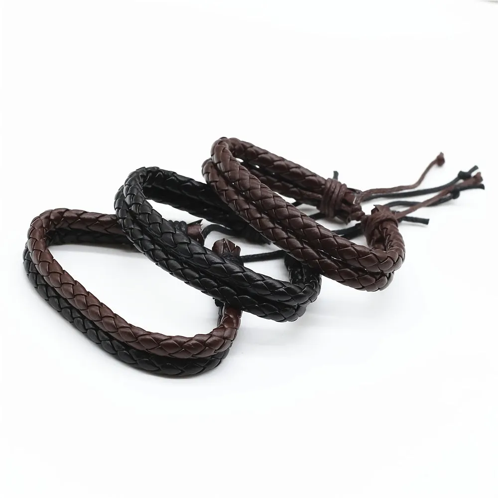 Brown Rope Woven PU Leather Men Bracelets Adjustable Size