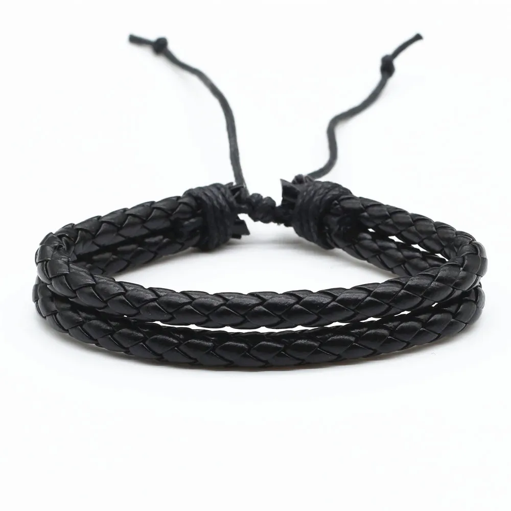 Brown Rope Woven PU Leather Men Bracelets Adjustable Size