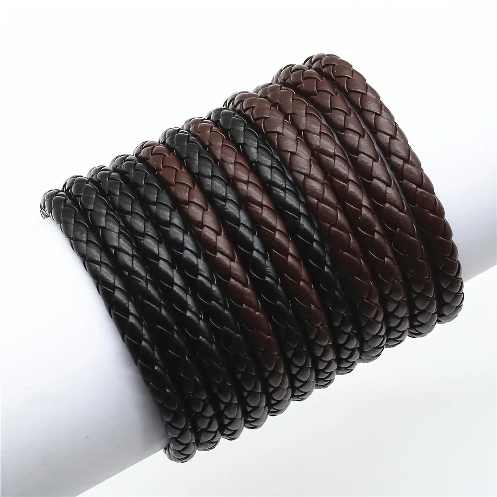 Brown Rope Woven PU Leather Men Bracelets Adjustable Size
