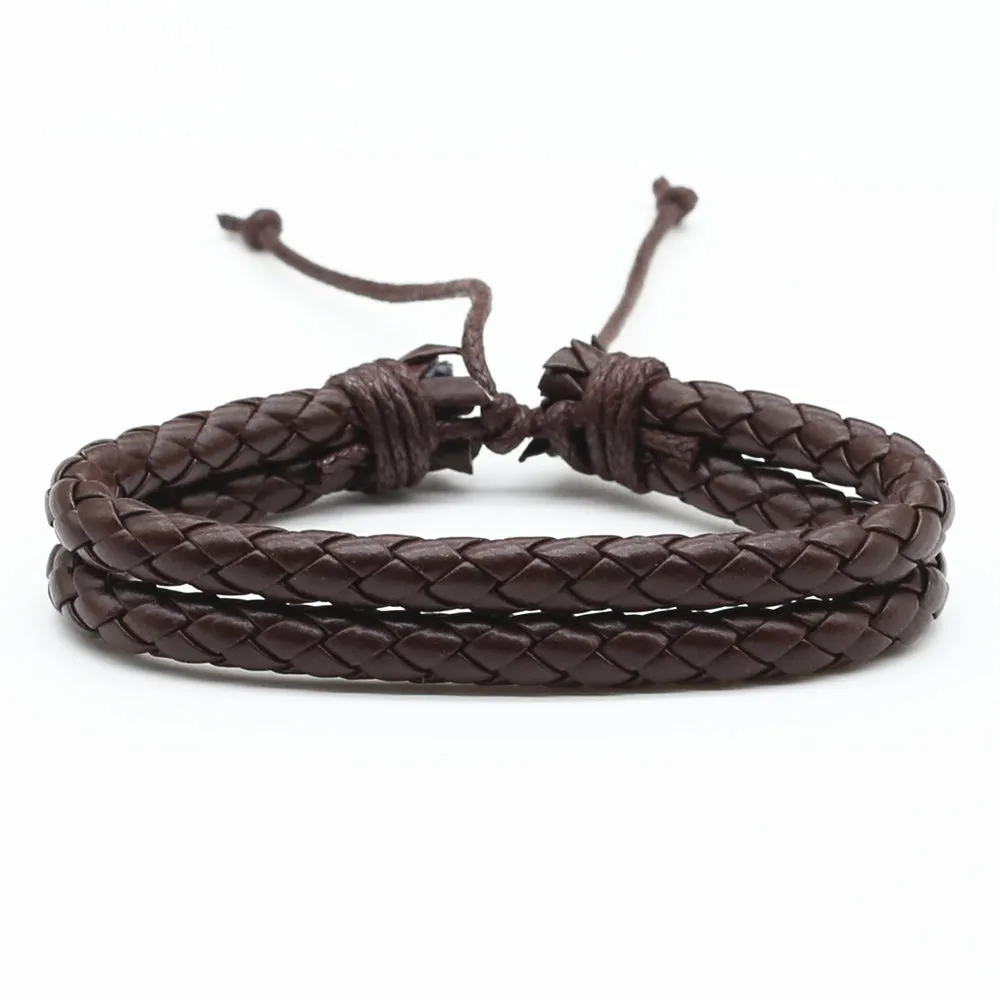 Brown Rope Woven PU Leather Men Bracelets Adjustable Size