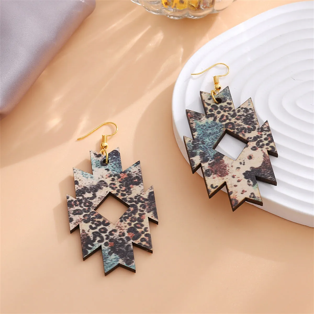 Brown Wood & 18K Gold-Plated Leopard Print Geometric Drop Earrings