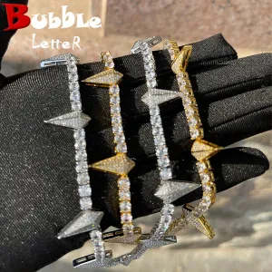 Bubble Letter Spiked Breaker Spring Tennis Chain for Women Choker Prong Setting Real Gold Plated Hip Hop Jewelry