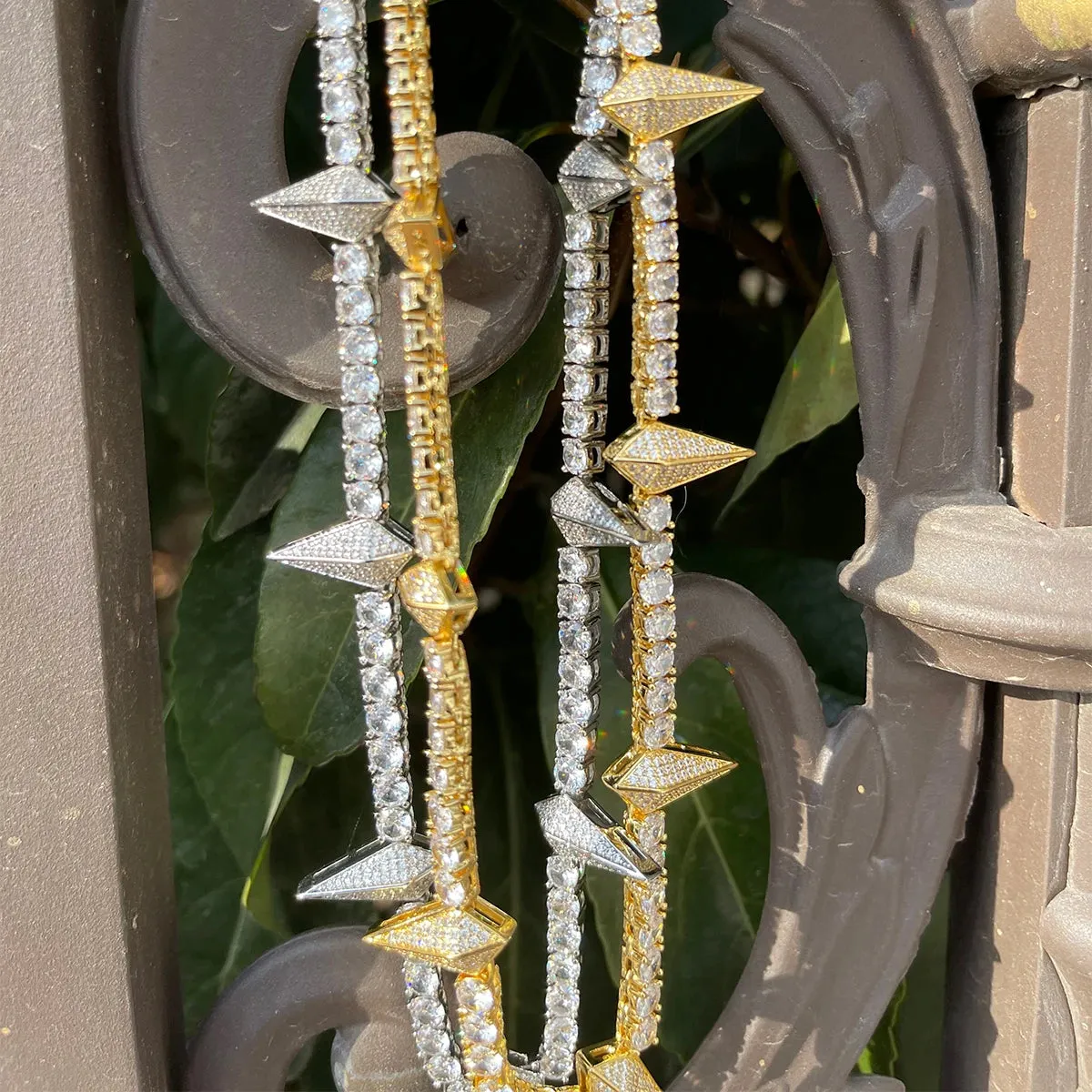 Bubble Letter Spiked Breaker Spring Tennis Chain for Women Choker Prong Setting Real Gold Plated Hip Hop Jewelry