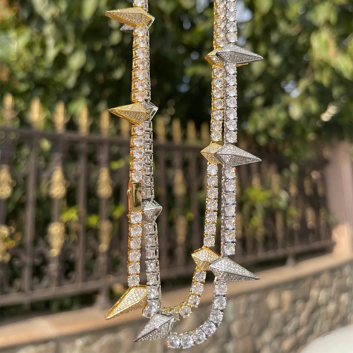 Bubble Letter Spiked Breaker Spring Tennis Chain for Women Choker Prong Setting Real Gold Plated Hip Hop Jewelry