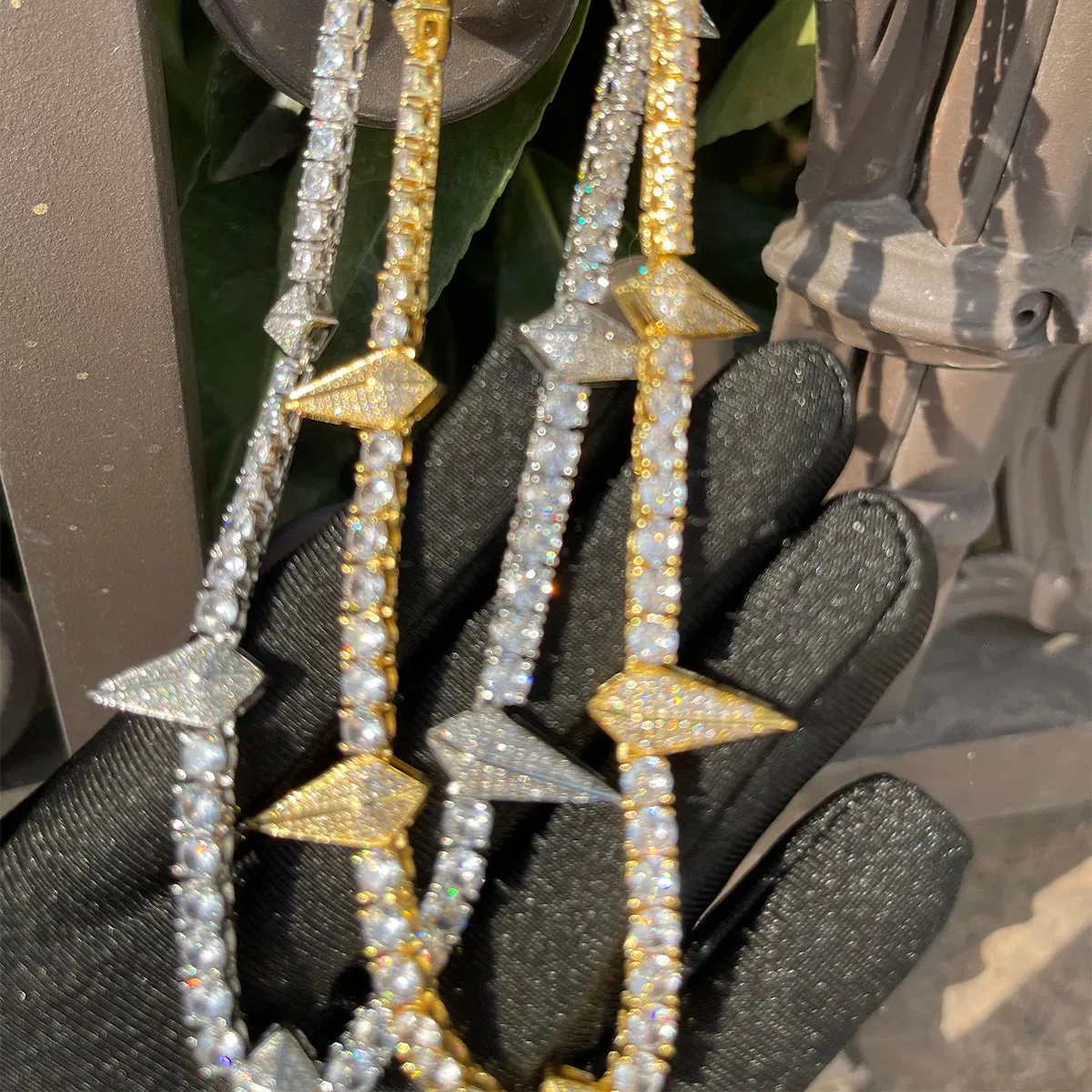Bubble Letter Spiked Breaker Spring Tennis Chain for Women Choker Prong Setting Real Gold Plated Hip Hop Jewelry