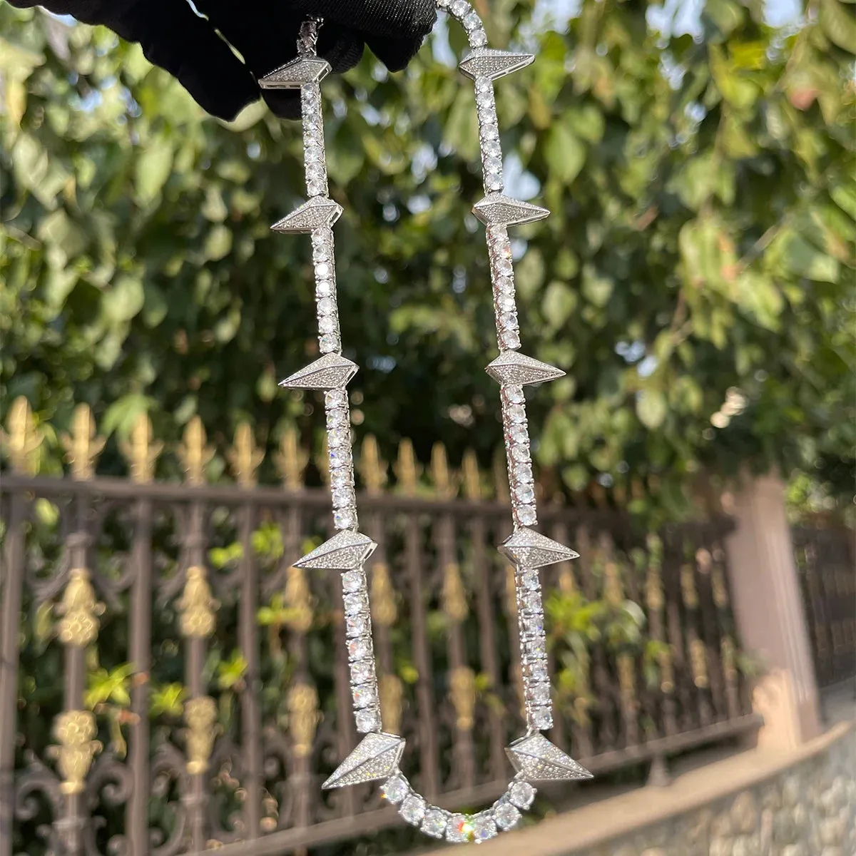 Bubble Letter Spiked Breaker Spring Tennis Chain for Women Choker Prong Setting Real Gold Plated Hip Hop Jewelry