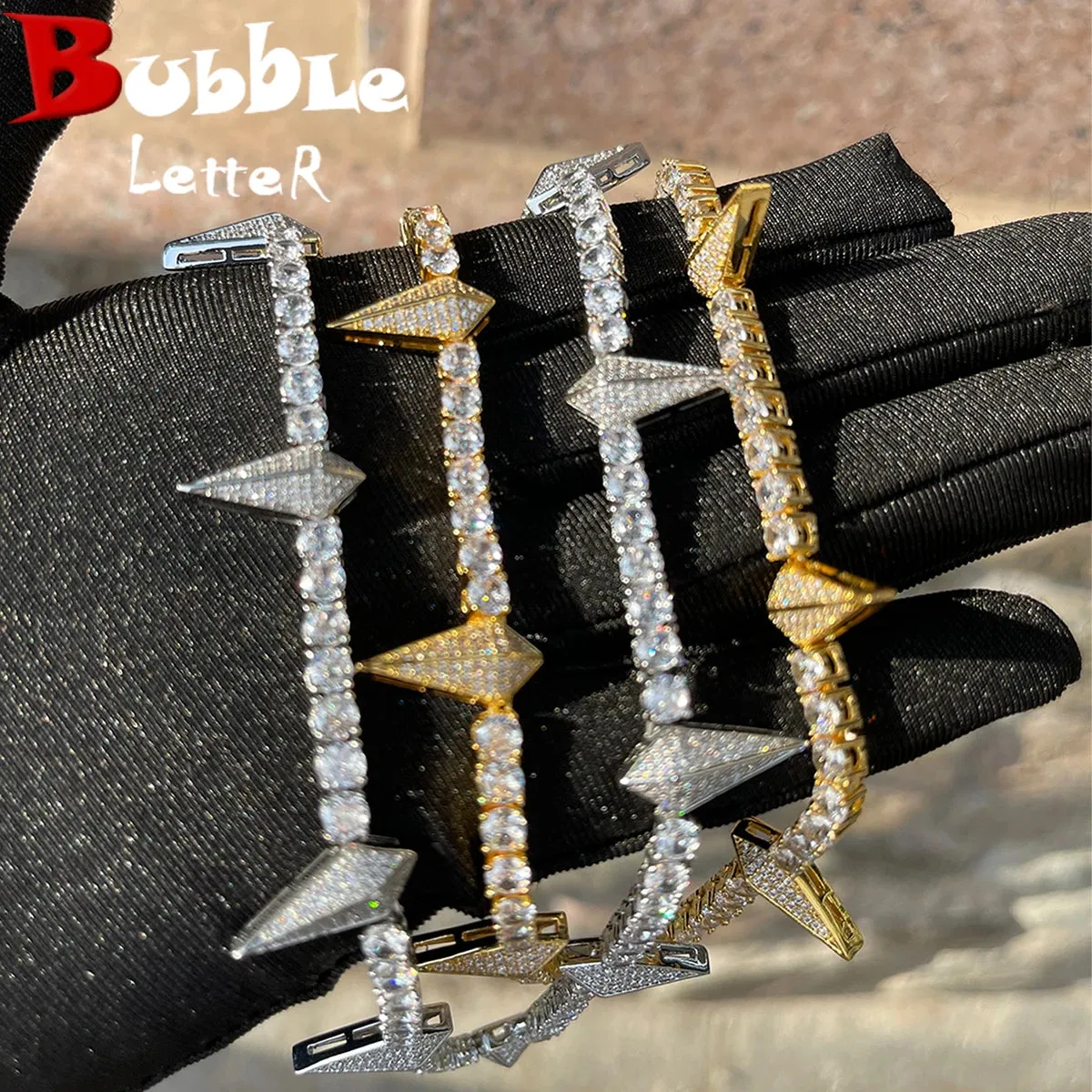 Bubble Letter Spiked Breaker Spring Tennis Chain for Women Choker Prong Setting Real Gold Plated Hip Hop Jewelry