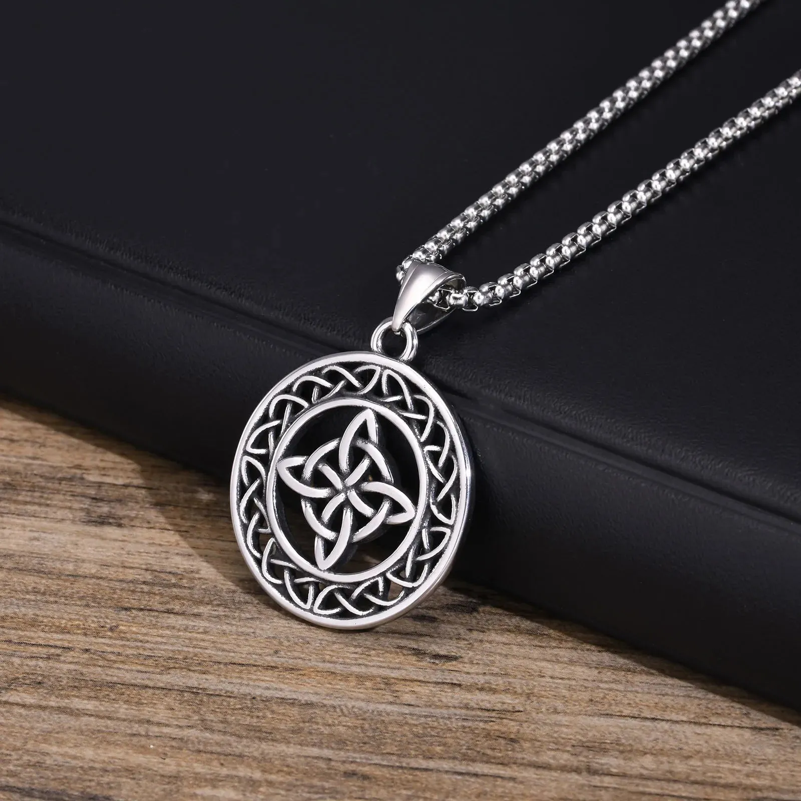 Celtic Knot Necklaces for Men,Oxidized Stainless Steel Good Luck Irish Medallion Pendant