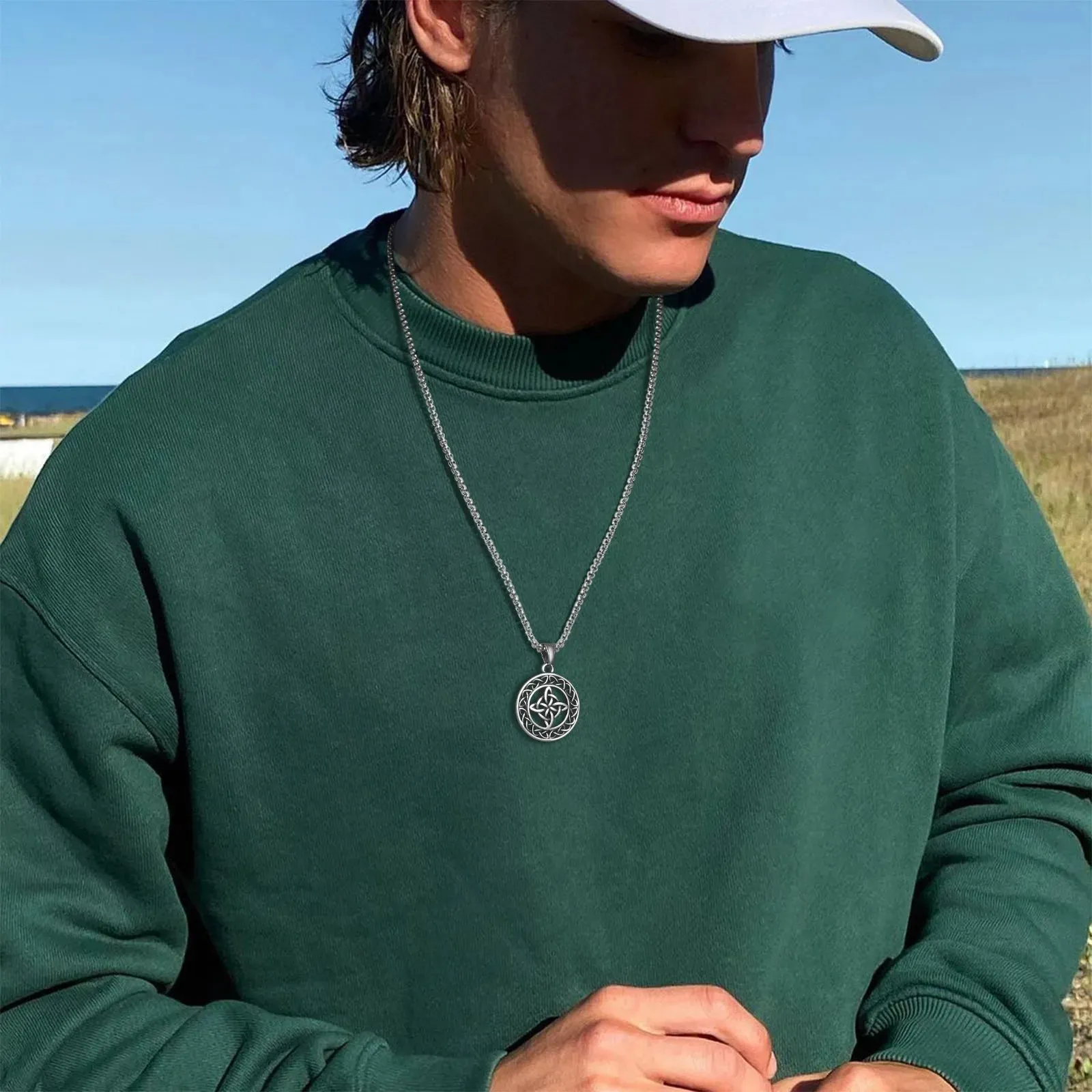 Celtic Knot Necklaces for Men,Oxidized Stainless Steel Good Luck Irish Medallion Pendant