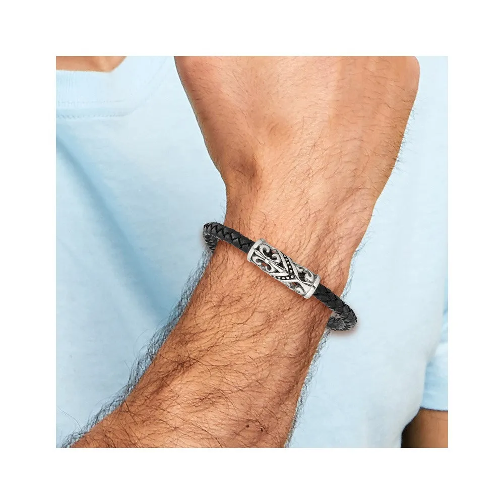 Chisel Stainless Steel Antiqued Polished and Textured Fleur de Lis Black Braided Leather 8.5 inch Bracelet