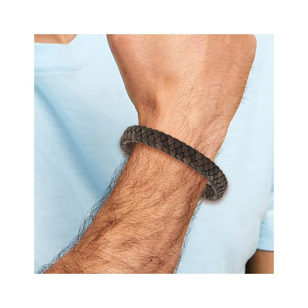 Chisel Stainless Steel Polished Rose IP-plated Brown Braided Leather 8.5 inch Bracelet