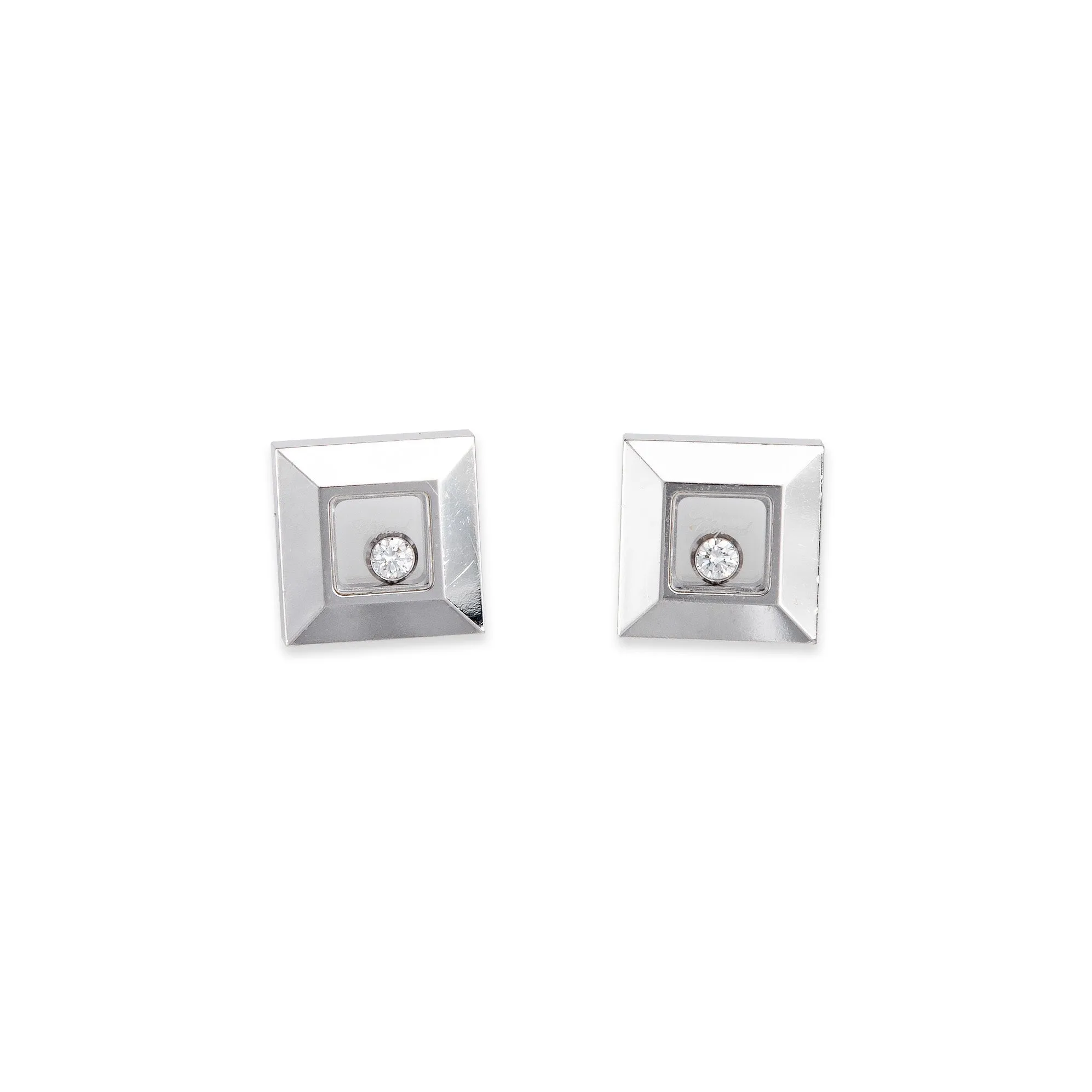 Chopard Happy Diamonds Square Stud Earrings Estate 18k White Gold Floating
