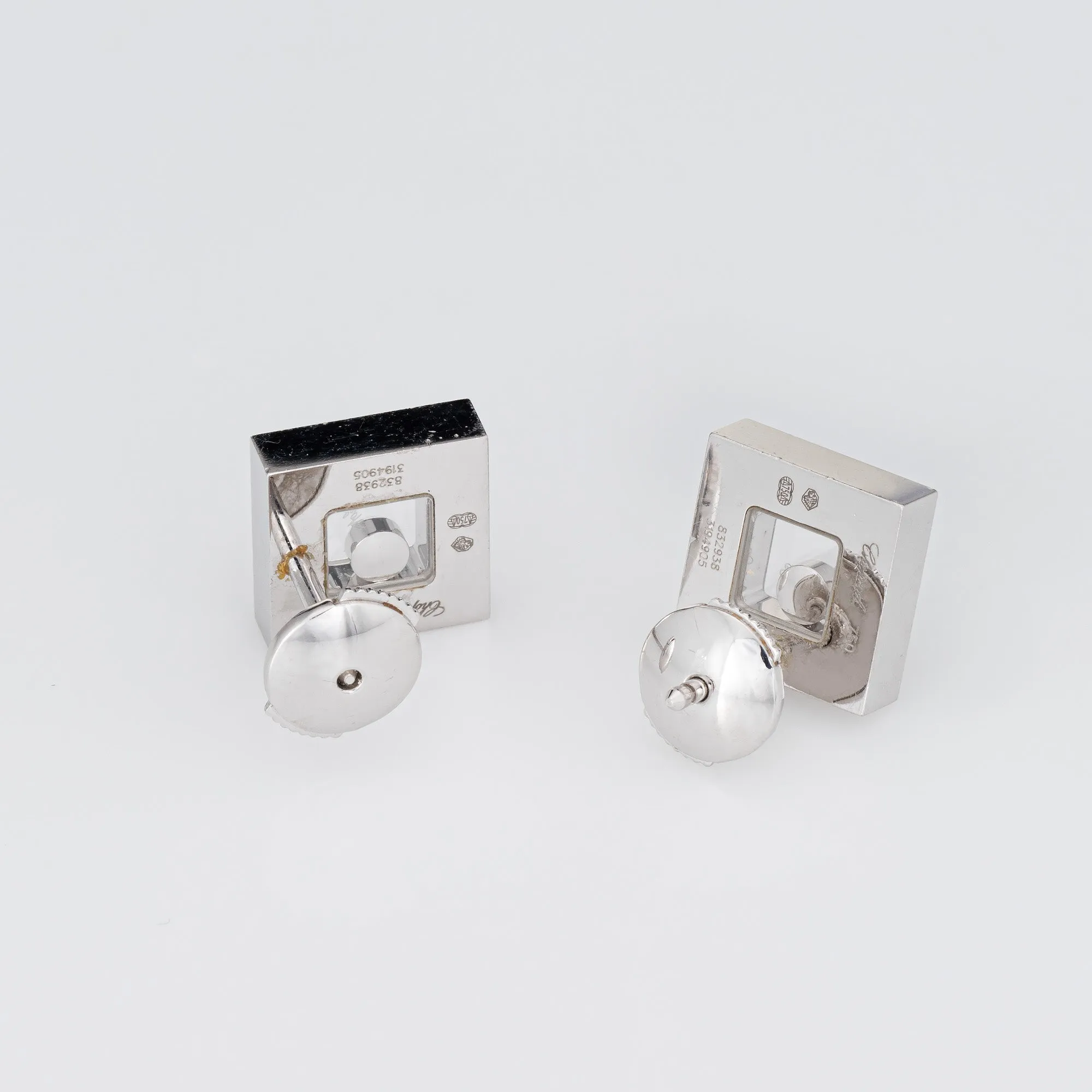 Chopard Happy Diamonds Square Stud Earrings Estate 18k White Gold Floating