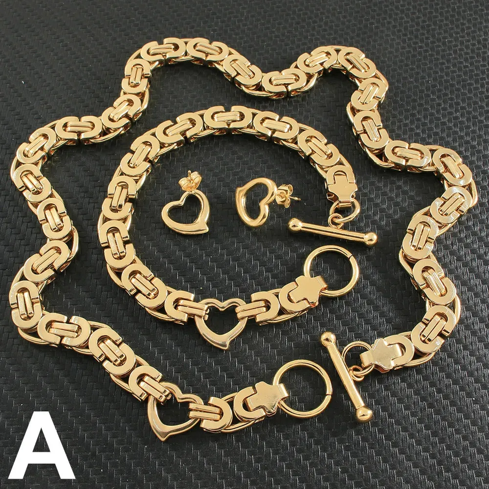 Classic Gold Jewelry Sets Necklace Bracelet Heart Earrings For Woman