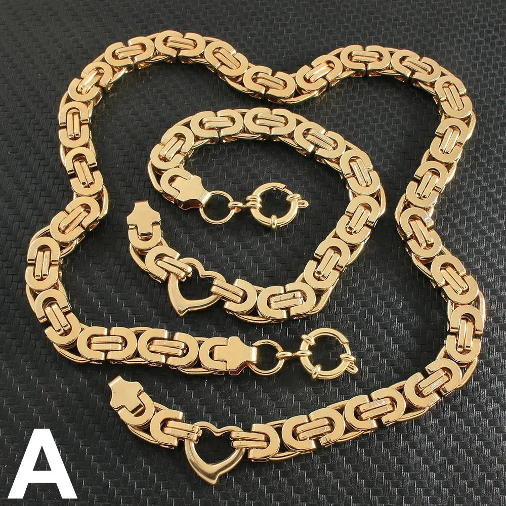 Classic Gold Jewelry Sets Necklace Bracelet Heart Earrings For Woman