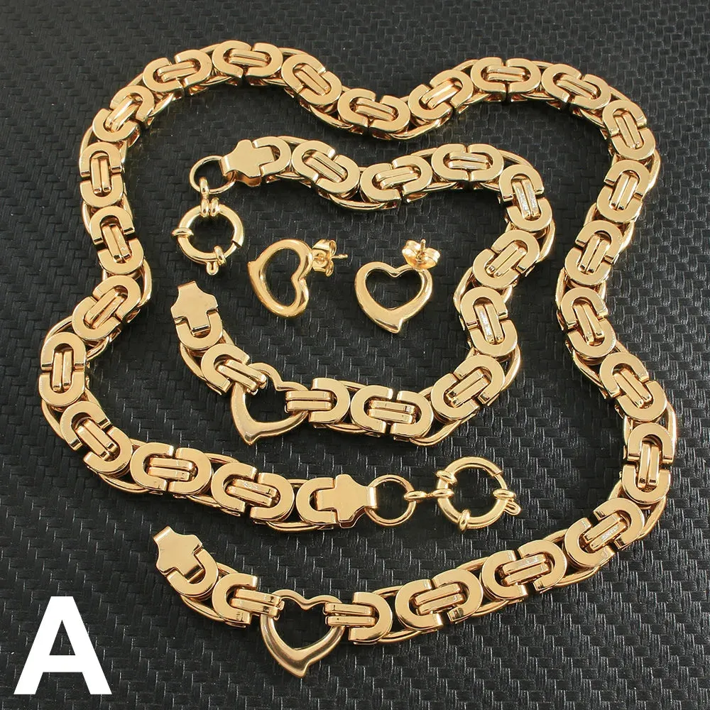 Classic Gold Jewelry Sets Necklace Bracelet Heart Earrings For Woman