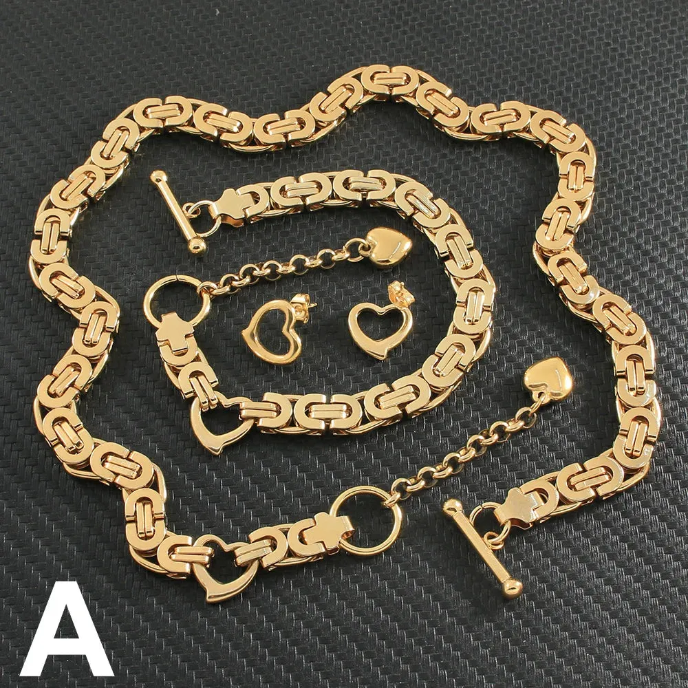 Classic Gold Jewelry Sets Necklace Bracelet Heart Earrings For Woman