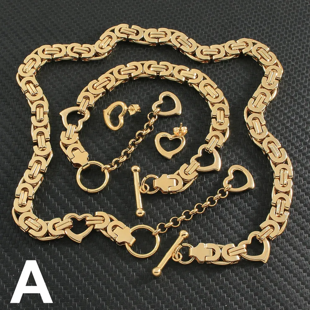 Classic Gold Jewelry Sets Necklace Bracelet Heart Earrings For Woman